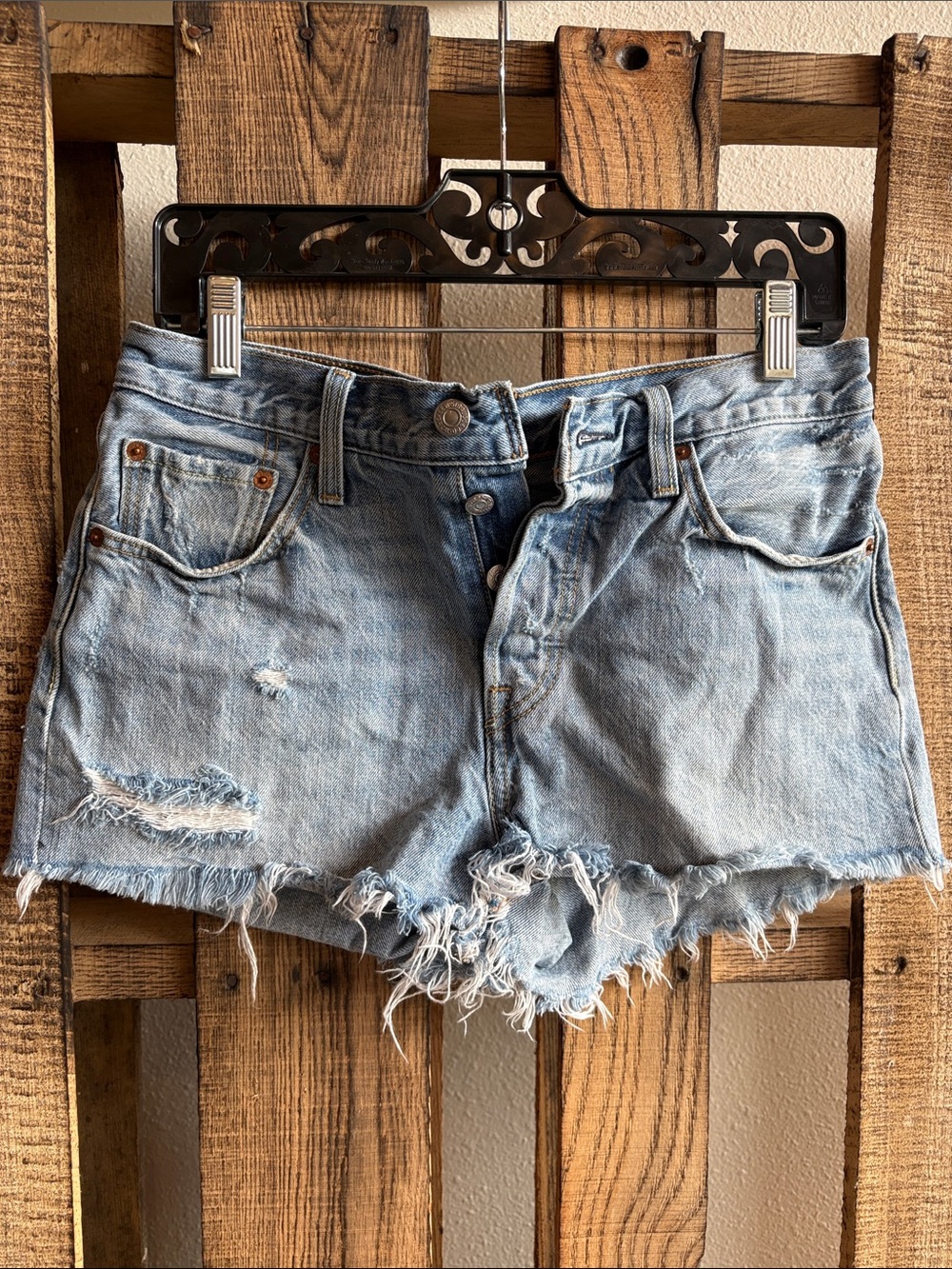 Levi's Light Blue Distressed Frayed Denim Shorts